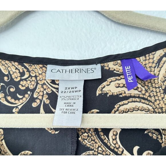Catherines 2XWP (22/24WP) Black & Gold Print Blouse Hi-Lo w/ Convertible Sleeves - Picture 3 of 10